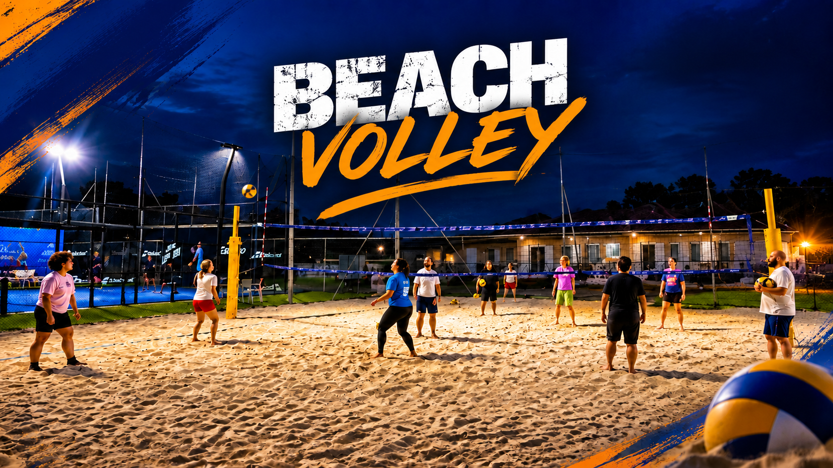 Αθλητές σε γήπεδο άμμου με τον τίτλο Beach Volley