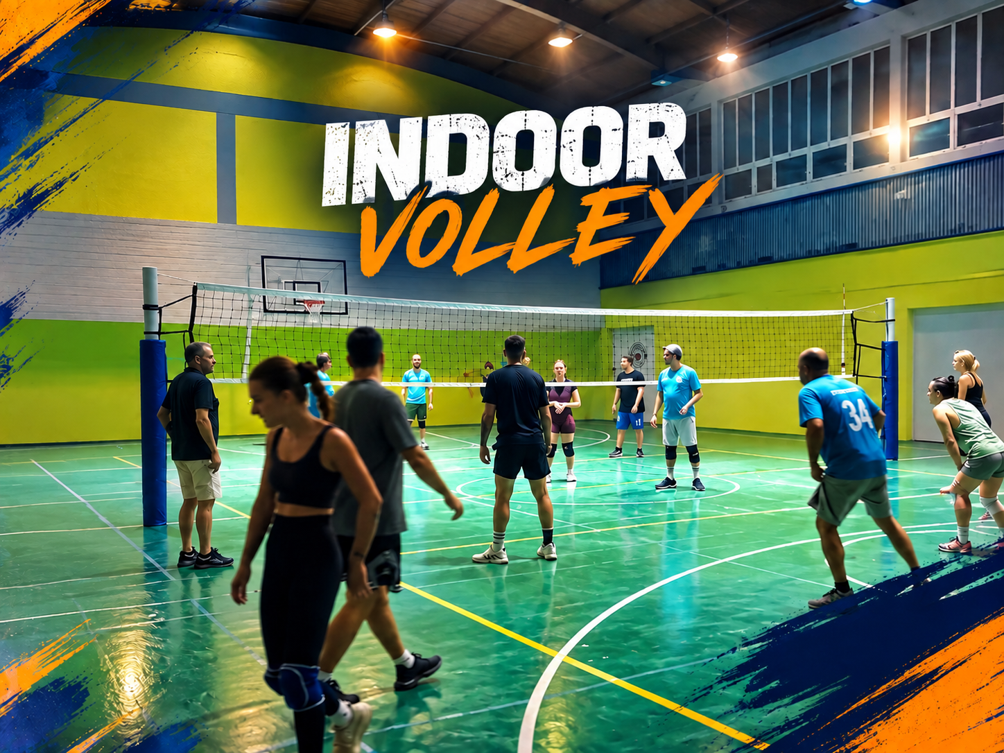 Αθλητές σε κλειστό γήπεδο με τον τίτλο Indoor Volley